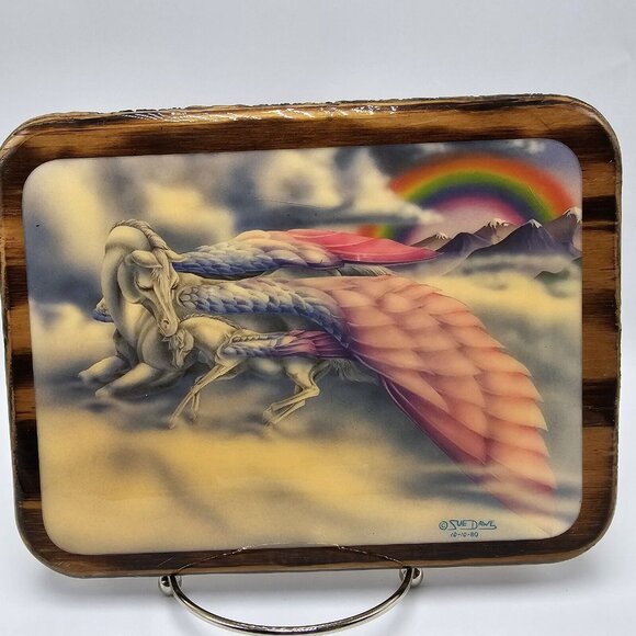 Pegasus Mom Baby Rainbow Wood Plaque Wall Picture Art Decor 8x6 Sue Dawe Epoxy - Picture 1 of 6